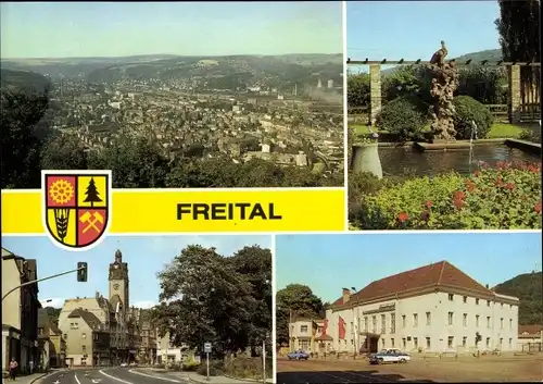 Ak Freital Sachsen, Panorama, Storchenbrunnen, Dresdner Str., Rathaus, Klubhaus der Edelstahlwerker