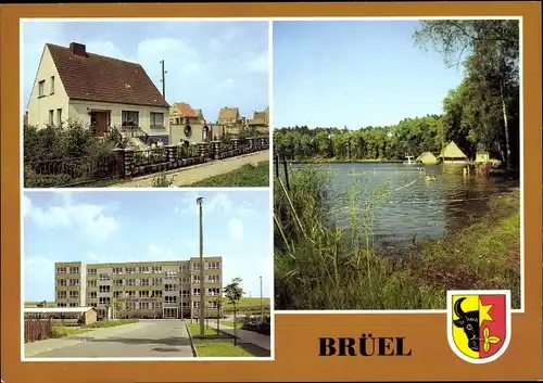 Ak Brüel in Mecklenburg, Eigenheimsiedlung, Ernst Thälmann Oberschule, Roter See, Wappen