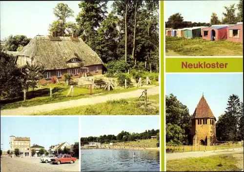 Ak Neukloster in Mecklenburg, Fischerhaus, Campingplatz, Markt, See, Glockenturm