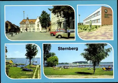 Ak Sternberg in Mecklenburg, Karl Liebknecht Platz, Kreiskulturhaus Benno Voelkner, See, Freibad