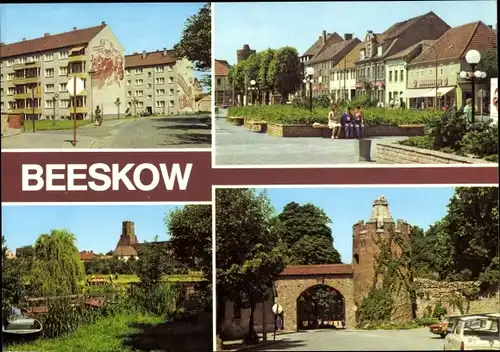 Ak Beeskow in der Mark, Poststraße, Kleiner Spree, Stadtmauer, Pulverturm, Ernst Thälmann Platz