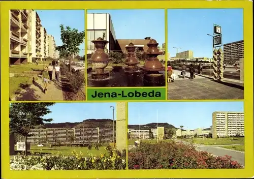 Ak Lobeda Jena Thüringen, Brunnenplastik, Hochhäuser
