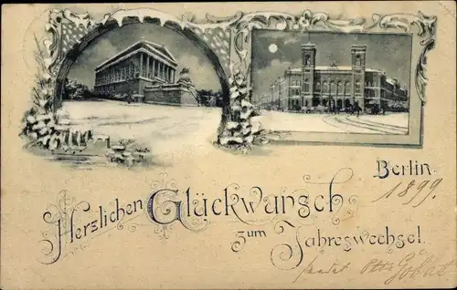 Mondschein Litho Berlin Mitte, Alte Nationalgalerie, Glückwunsch Neujahr