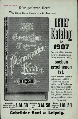 Ganzsachen Ak Gebrüder Senf's Illustrierter Postwertzeichenkatalog 1907, Reklame