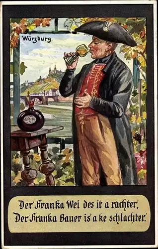 Künstler Ak Würzburg am Main Unterfranken, Mann mit Glas, Weinflasche, Burg