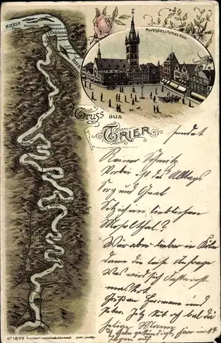 Litho Trier an der Mosel, Marktplatz, Rathaus, Mosellauf