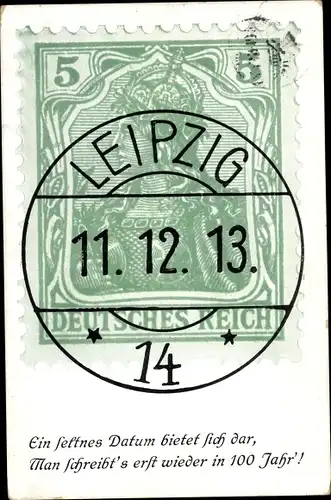 Briefmarken Ak Leipzig, Stempel 9-10 Uhr am 11.12.13, Postamt 14, besonderes Datum