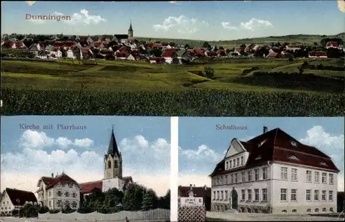 Ak Dunningen in Württemberg, Kirche, Pfarrhaus, Schulhaus, Totalansicht