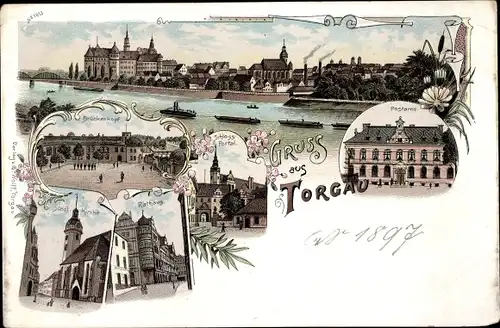 Litho Torgau an der Elbe, Postamt, Brückenkopf, Schlossportal, Rathaus, Kirche, Panorama, Dampfer