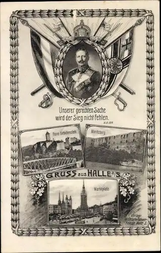 Ak Halle an der Saale, Kaiser Wilhelm II., Giebichenstein, Moritzburg, Fahnen