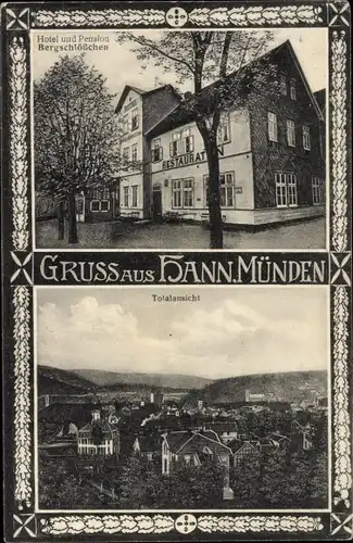 Ak Hann. Münden in Niedersachsen, Hotel Bergschlösschen, Totalansicht des Ortes