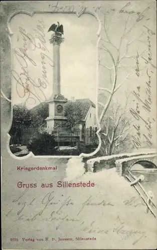 Passepartout Ak Sillenstede Schortens Niedersachsen, Kriegerdenkmal, Brücke im Winter