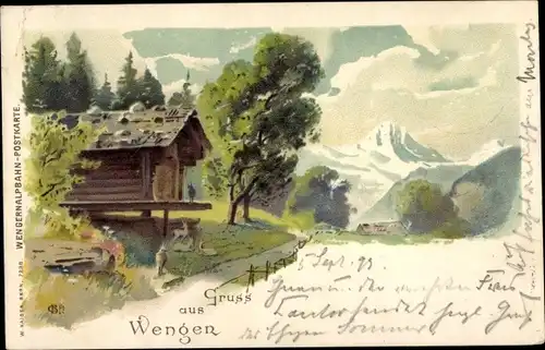 Künstler Litho Wengen Kanton Bern, altes Haus, Berge