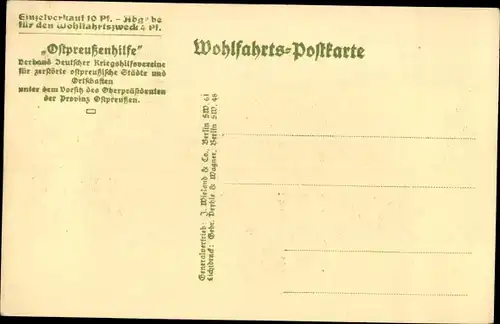 Ak Ostpreußische Flüchtlinge vor ihrem völlig zerstörten Haus, Fuhrwerk, Geschäft Ernst Rohle, I. WK