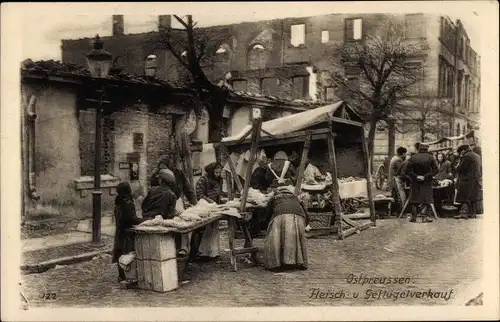 Ak Ostpreußen, Markt, Fleisch und Geflügelverkauf, Ostpreußenhilfe