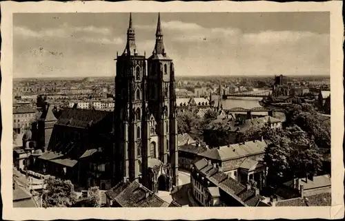 Ak Wrocław Breslau Schlesien, Blick zum Dom, Dominsel, Oderbrücken