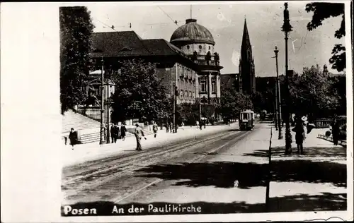 Ak Poznań Posen, Paulikirche, Straßenbahn