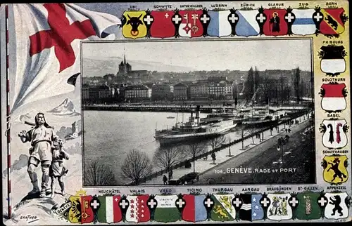 Präge Wappen Passepartout Ak Genève Genf Schweiz, Hafen, Dampfer