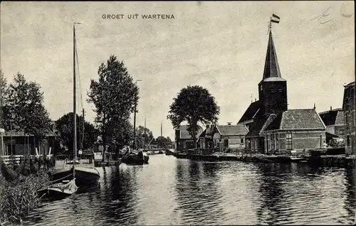 Ak Wartena Friesland Niederlande, Teilansicht, Kirche, Boote