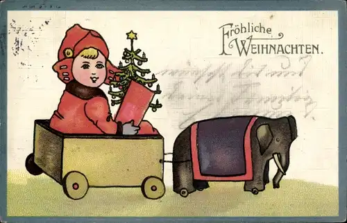 Präge Ak Frohe Weihnachten, Kind mit Tannenbaum, Wagen, Spielzeug-Elefant