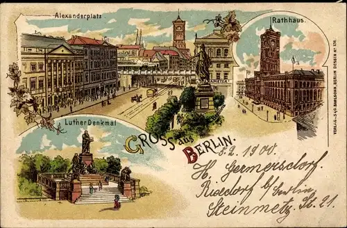 Litho Berlin Mitte, Alexanderplatz, Rathaus, Luther-Denkmal