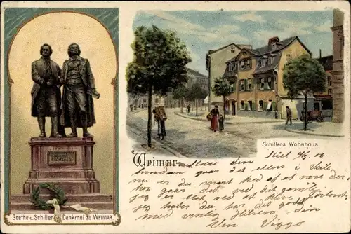 Litho Weimar in Thüringen, Goethe und Schiller Denkmal, Schillers Wohnhaus