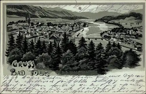 Mondschein Litho Bad Tölz in Oberbayern, Gesamtansicht