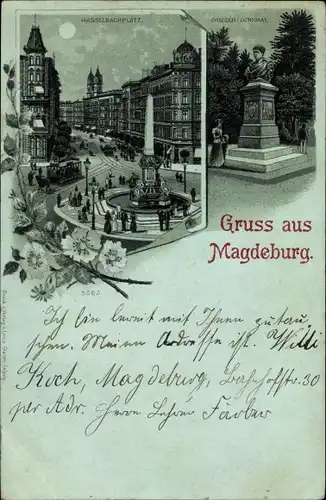 Mondschein Litho Magdeburg an der Elbe, Hasselbachplatz, Friesendenkmal