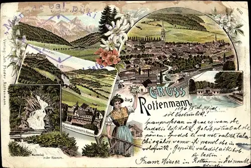 Litho Rottenmann Steiermark, Gesamtansicht, Kaiserau, Schloss, Wasserfall