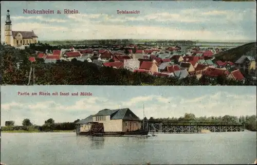 Ak Nackenheim am Rhein, Totalansicht, Partie am Rhein mit Insel Mühle