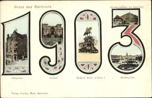 Ak Karlsruhe in Baden, Hofapotheke, Festhalle, Denkmal Kaiser Wilhelm I.