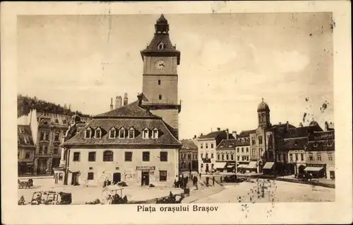 Ak Brașov Brassó Kronstadt Rumänien, Platz, Turm, Uhr