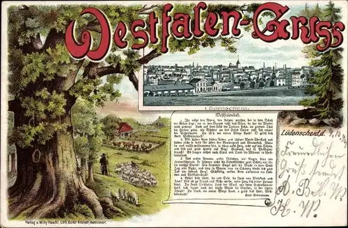 Litho Lüdenscheid im Märkischen Kreis, Totalansicht, Baum, Westfalenlied