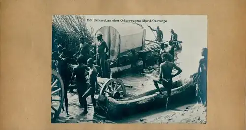 Foto 1906, Namibia Deutsch Südwestafrika, Übersetzen eines Ochsenwagens über d. Okovango