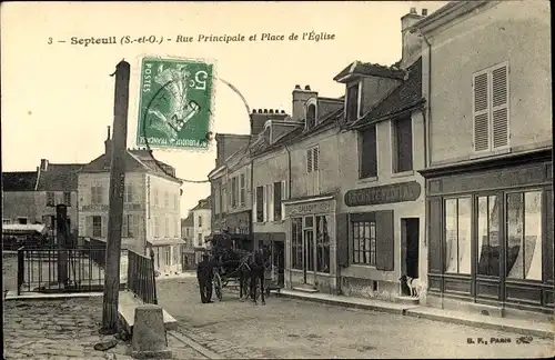 Ak Septeuil Yvelines, Rue Principale et Place de l'Eglise, Kutsche