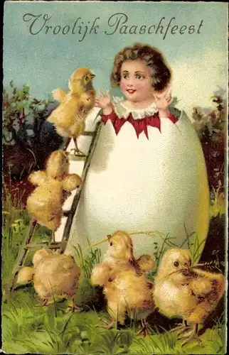 Ak Glückwunsch Ostern, Mädchen im Osterei, Küken
