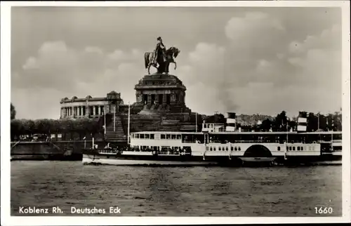 Ak Koblenz am Rhein, Deutsches Eck, Denkmal, Passagierschiff