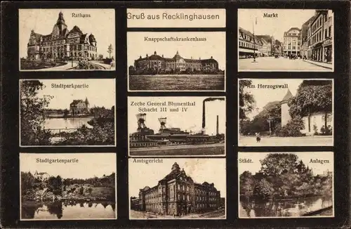Ak Recklinghausen, Zeche General Blumenthal, Amtsgericht, Knappschaftskrankenhaus, Rathaus, Markt