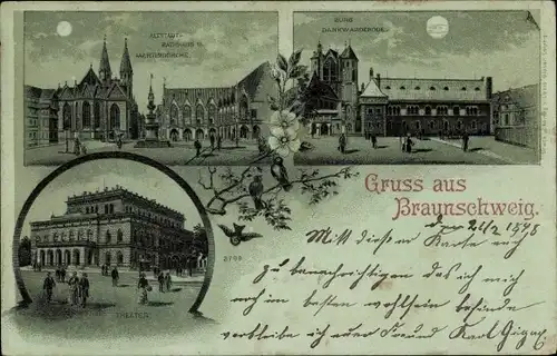 Mondschein Litho Braunschweig, Altstadt, Rathaus, Martinskirche, Burg Dankwarderode, Theater