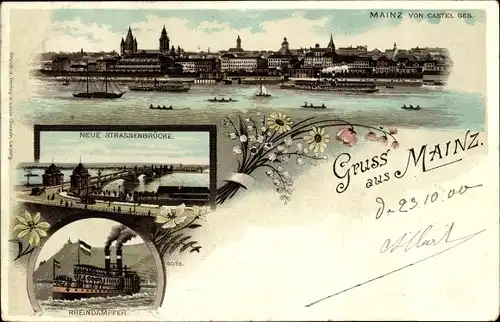 Litho Mainz am Rhein, Panorama von Castel gesehen, Dampfer, Neue Straßenbrücke