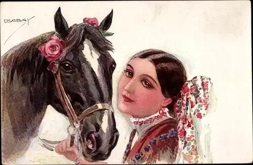 Künstler Ak Usabal, Luis, Frau in Tracht, Pferd, Blumenschmuck am Zaumzeug