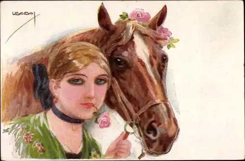Künstler Ak Usabal, Luis, Frauenportrait, Pferd, Blumenschmuck am Zaumzeug