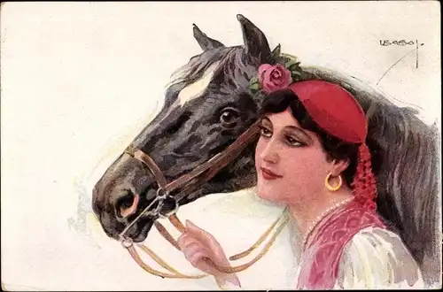 Künstler Ak Usabal, Luis, Frau in Tracht, Pferd