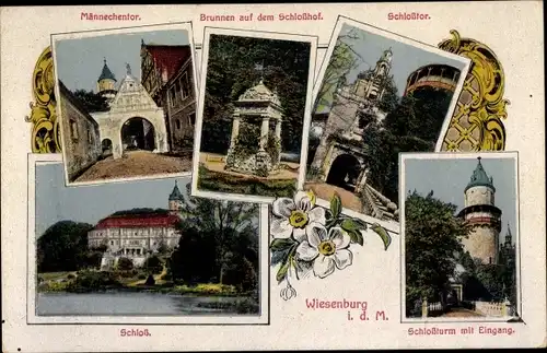 Ak Wiesenburg in der Mark, Männechentor, Schloss, Schlosstor, Schlossturm, Schlosshof, Brunnen