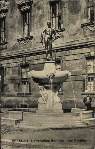 Ak Wrocław Breslau Schlesien, Universitäts-Brunnen, Der Fechter