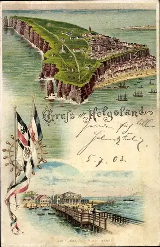 Litho Nordseeinsel Helgoland, Gesamtansicht, Hafen, Fahnen