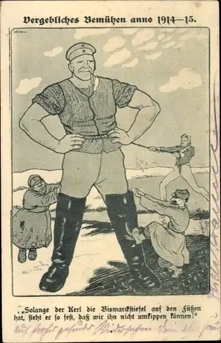 Künstler Ak Vergebliches Bemühen, Deutscher Michel, Bismarckstiefel, Kladderadatsch Nr. 7