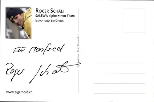 Ak Bergsteiger Roger Schäli, Berg- und Skiführer, Salewa, Autogramm