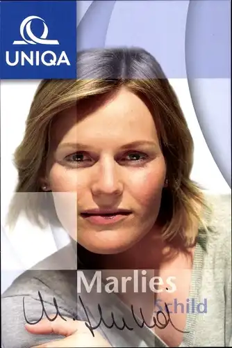 Autogrammkarte Skirennläuferin Marlies Schild, Portrait, Autogramm