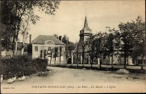 Postkarte Fontaine-Bonneleau-Oise, Platz, Rathaus, Kirche